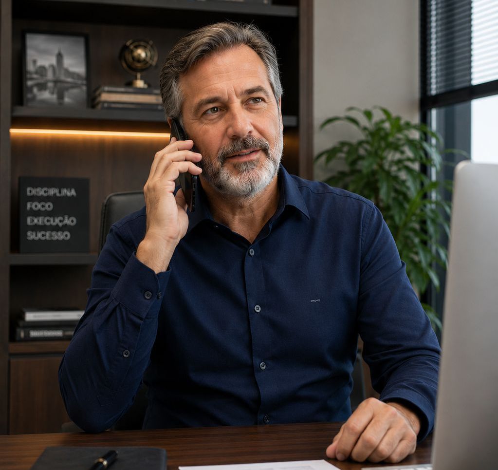 Empresário ao telefone emitindo NF-e no computador